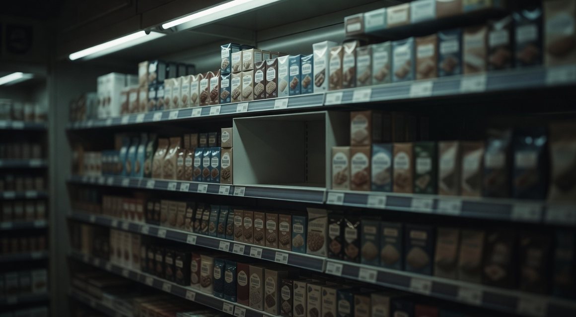 한 칸만 비어 있는 진열대 이미지 — 밤의민족 품절 안내